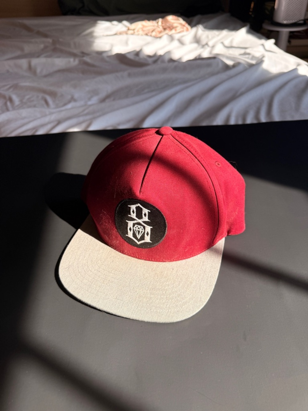 Red Snapback Hat with Contrast Light Gray Brim